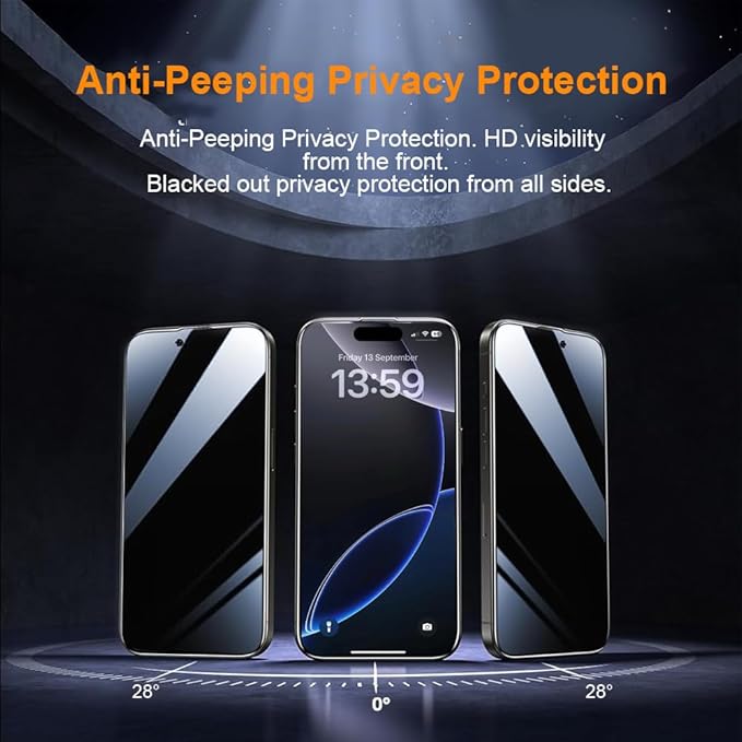 OneFish Privacy Screen Protector for IPhone 16 Anti-Spy Tempered Glass Dust-Free Bubble-Free Anti-Fingerprint 9H Scratch Protection & Hassle-Free Installation Frame [2-Pack]