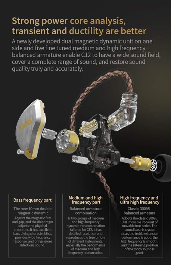 CCA C12 in Ear Monitor Headphones 5BA 1DD Hybrid HiFi IEM Earphones Noise Isolating Stereo Wired Earbuds for Musicians Audiophile Singers DJ
