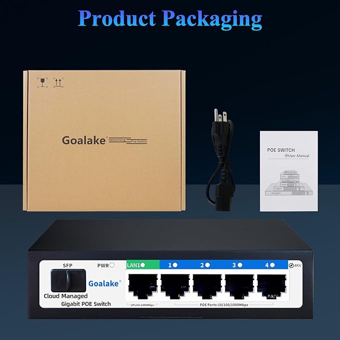 Poe Switch, 5 Ports Gigabit PoE Switch (4 Ports gigabit Switch + 1 gigabit uplink+ 1 SFP Slot) Cloud Managed Gigabit Ethernet Switch, 4 Poe Ports @52W, Web/APP Smart Managed, Remote Detection/Restart