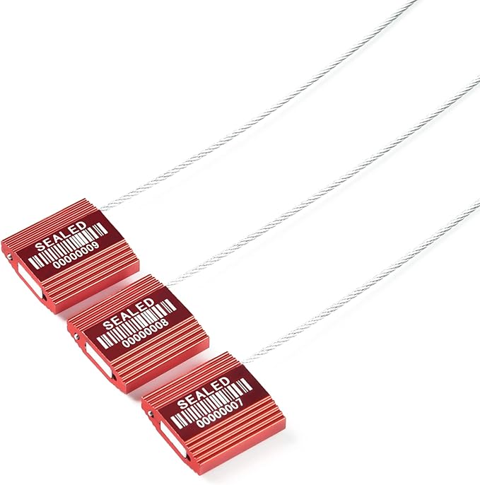 50 Red High Security Cable Seals with Barcode, Pull Tight Numbered Steel Security Seals, Anti-Tamper Shipping Self-Locking Tags for Logistics, ISO 17712 Certified