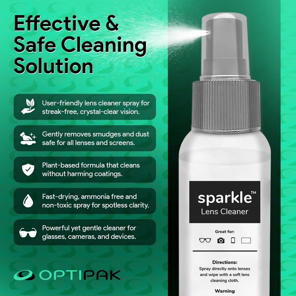 OPTIPAK Sparkle Anti-Reflective Lens Cleaner Spray kit | (1) 2oz Glasses Cleaner Spray + (1) Microfiber Cloth for Eyeglasses, Sunglasses, Lenses, Screens and Camera Cleaning Kit (2 Piece Set)