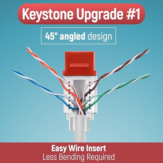 Everest 45° Angled RJ45 Cat6A Keystone Jacks 50-Pack in Orange - Slim Profile Female RJ45 Connectors - Cat 6A Keystone Jack - Compatible with 45° Angled Speed Termination Tool - 45Term (B0BL3GS7ZY)