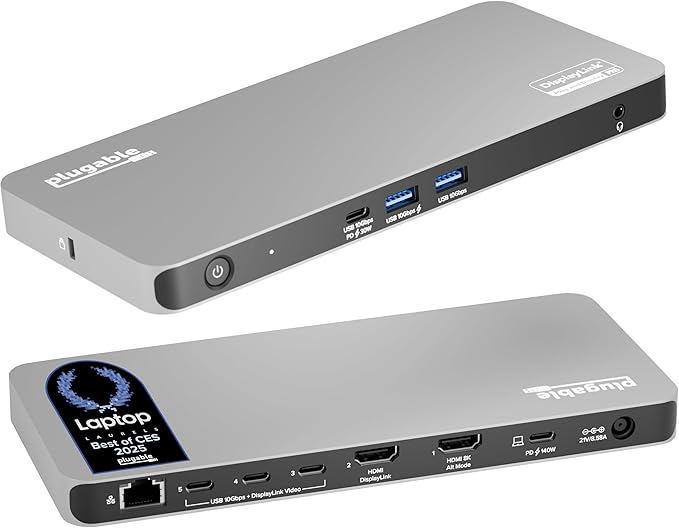 Plugable USB C Docking Station 5 Monitors, 140W DisplayLink Dock Connects up to Five 4K Displays for MacBook Windows Thunderbolt 4 Laptops, 2x HDMI, 3x USBC 2.5Gbps Ethernet, Driver Required UD-7400PD
