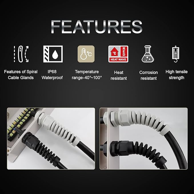 LeMotech 10Pcs NPT 3/4" IP68 Waterproof Cable Gland Flex Spiral Strain Relief Black Nylon Joint with Gaskets for 12.5-18mm Wire Thread