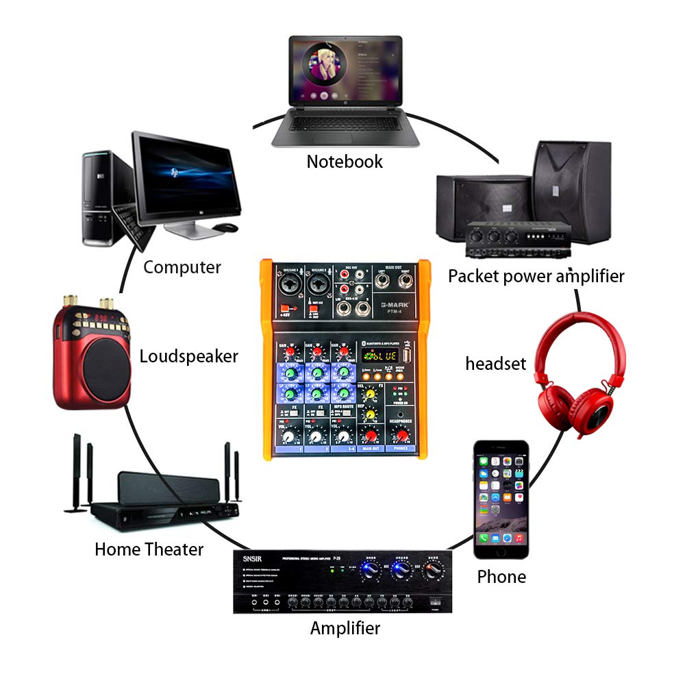 G-MARK Analog Mixer Audio 4 Channel DJ Audio Mixer Bluetooth Studio Karaoke For PC Live Performance KTV Home Stage Music Effects Sound Card Protable Mixing Console