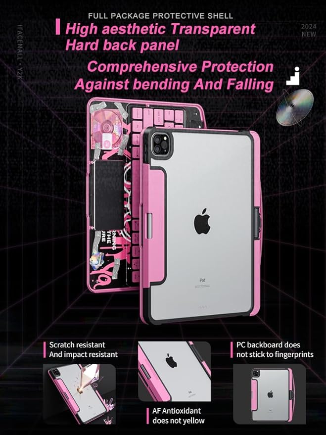 KARTICE Transparent 360 Keyboard Case with Wireless Keyboard for iPad Air 11 Inch 2024, 10.9" iPad Air 5th/4th, 11" iPad Pro 4/3/2/1 360° Rotating Stand