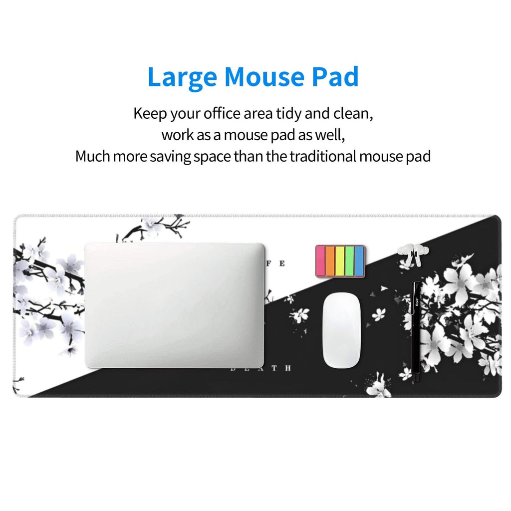 Japanese Life Death Keyboard Mat, Black White Japanese Anime Gaming Mouse Pad for Desk with Anti-Slip Rubber Base and Stitched Edges, Japanese Sakura Pagoda Sun Mouse Pad