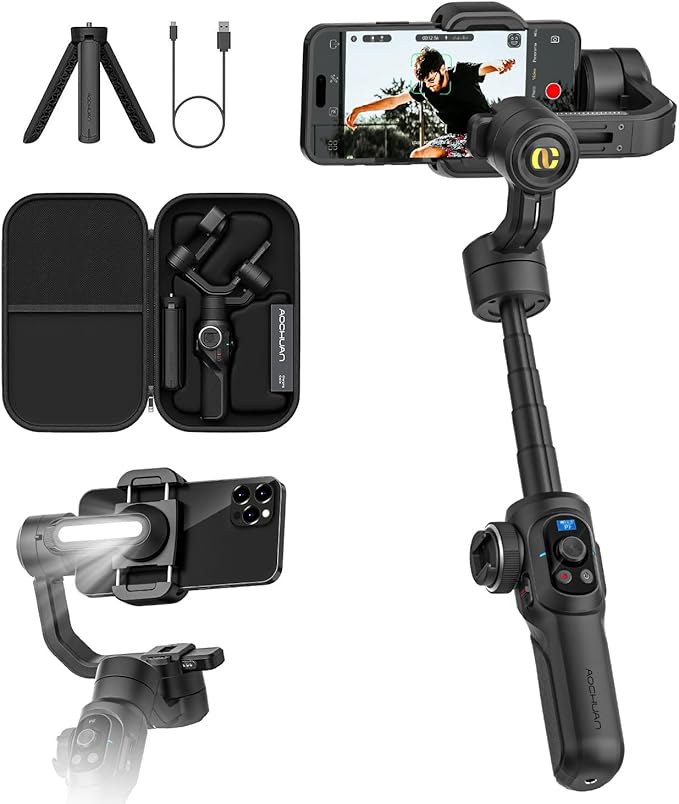 Professional Gimbal Stabilizer for Smartphone,Built-in 18CM Extension Rod and Powerful Fill Light,360°Inception,Face&Object Tracking Stabilizer,3-Axis Gimbal for iPhone& Android-Smart S2