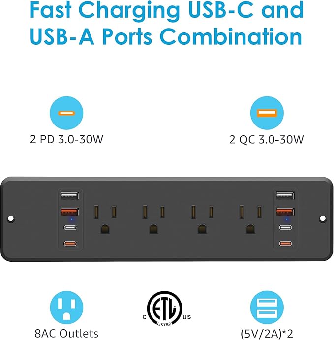 HHSOET 8 Outlet Recessed Power Strip, 30W Fast Charging Furniture Power Outlet USB C, Flush Mount Surge Protection Socket with 4 USB-A and 4 USB-C, 6ft Power Cord. (Black)