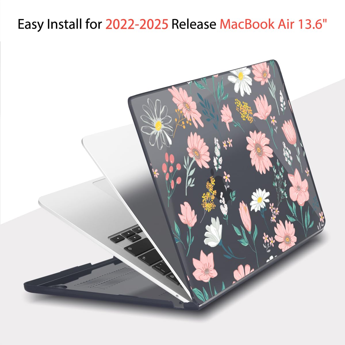 Teryeefi for MacBook Air M4 M3 M2 13 inch Case fits Model A3240 A3113 A2681, Hard Shell for MacBook Air 13.6" 2022-2025 Released with Keyboard Cover+Screen Protector+Type C Adapter, Petal and Flowers