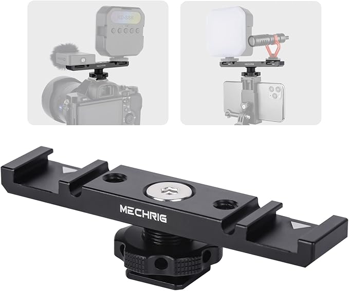Dual Cold Shoe Extension Bar Mount, Aluminum Dual Hot Shoe Mount Bracket with 1/4" Thread & Cable Slot, Cold Shoe Bracket for DSLR Camera LED Video Light Microphone Monitor (62034)