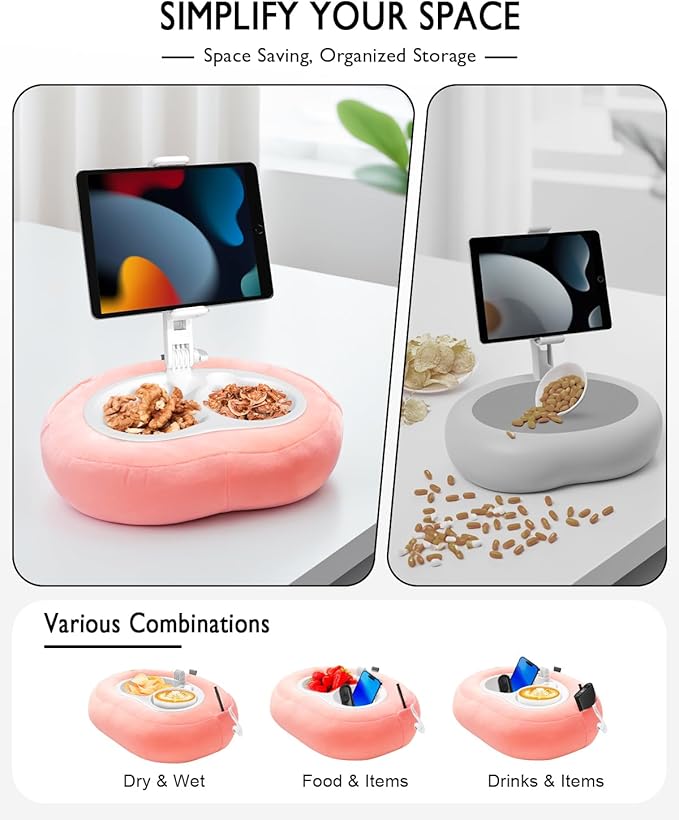 Tablet Pillow Stand, Compatible with 5"-12.9" Kindle, iPad, Phone/Tablet, Google, Samsung, 360° Rotating Phone Holder for Bed, Soft Plush Fabric, Detachable Bowl, Reading and Relaxation on Bed, Pink