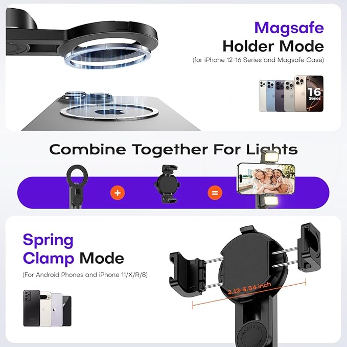 Magnetic Mini Phone Selfie Stick with 2 Fill Light, 360° Rotation Portable Phone Travel Tripod with Remote Control,Magnetic Chuck ＆ Clip Selfie Stick for iPhone Android TIK Tok/Live/Video Recording