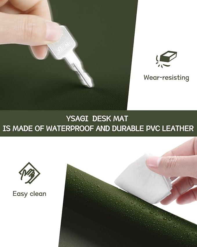 YSAGi Non-Slip Leather Desk Pad XL Size, Waterproof Laptop Computer Desk Keyboard Mat, Table Protector Blotter Mat, Large Mouse Pad for Office/Work/Home/Decor(Olive Green, 47.2" x 23.6")-No Band