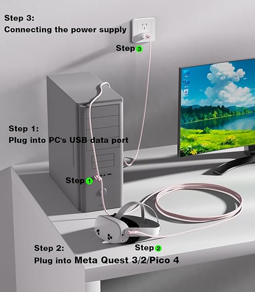 16FT VR Charging Link Cable | USB 3.0 High-Speed Data & Charge for Meta Quest 3S/3/2/Pro, Pico 4 and PC/SteamVR USB-C Charger Cord for VR Headset - Pink