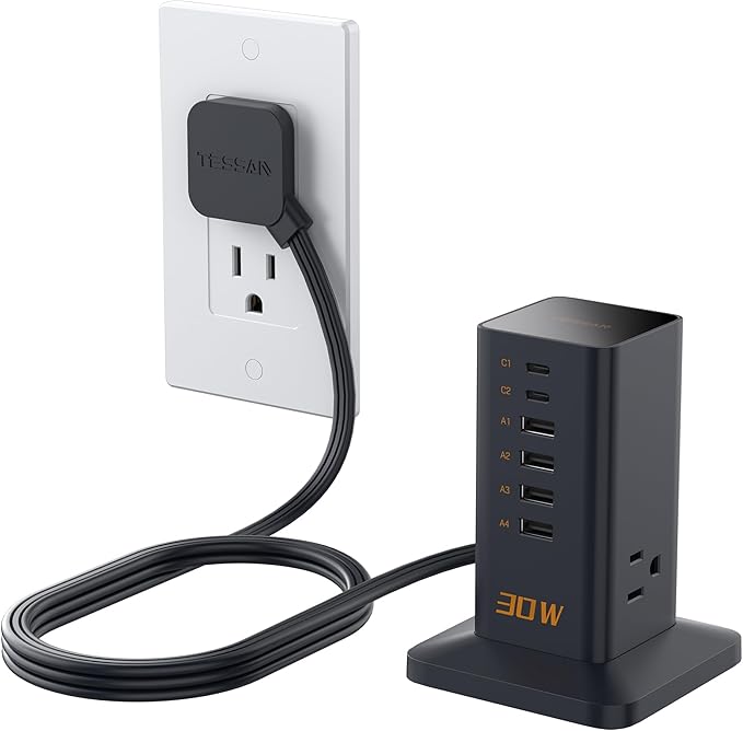 Charging Station 30W, TESSAN 9-in-1 Charger Blocks for iPhone 16/15/14/13, Tablets, Earphone with Surge Protector, 5ft Flat Extension Cord with 4 USB A, and 2 USB C for Home, Office, Drom, Black