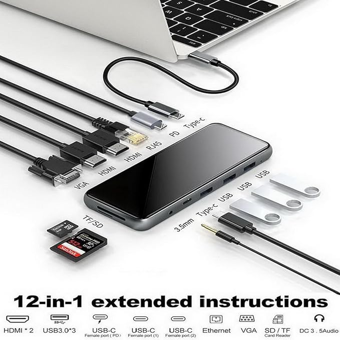 Generic 12 in 1 USB C Laptop Docking Station, Dual Monitor, 4K HDMI+VGA+USB3.0+SD/TF+PD 100W+Ethernet+Audio for Windows and Mac Laptops, Tablets, Smartphones