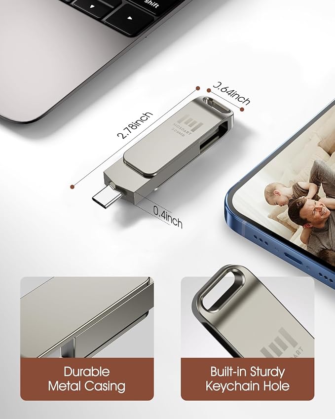 MOSDART 64GB USB3.1 Fast Speed C and A Dual Flash Drive, exFAT Memory Stick with Keychain Loop, for iPhone 15 and 16, Android Phone, iPad, MacBook, Silver
