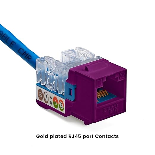 trueCABLE Cat5e Keystone Jack, Unshielded (UTP), 90 Degree Punch-Down, PoE++ (4PPoE) 100W, UL Listed, ETL Verified, ANSI/TIA Certified, Modular RJ45 Female, Purple, 24 Pack