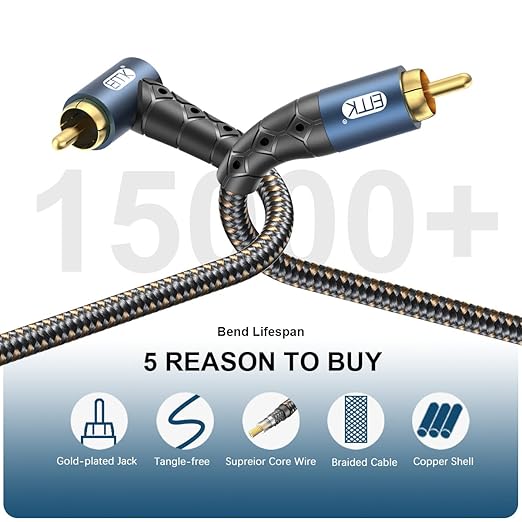 EMK RCA Subwoofer Cable 90 Degree RCA to RCA Audio Cable 24K Gold-Plated Nylon Braided Double Shielded Digital Analogue Supports Amplifiers,Home Theater,Hi-Fi Systems,Subwoofer(30ft/10m)
