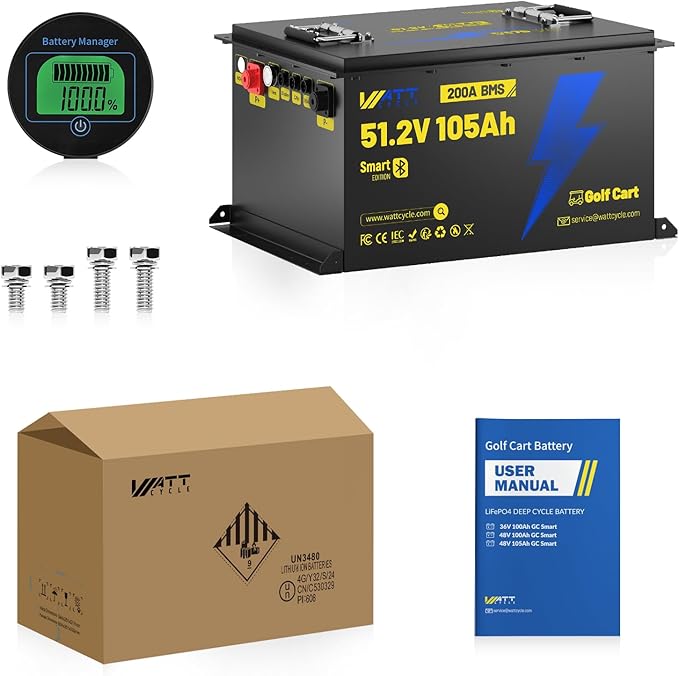 48V(51.2V) 105Ah LiFePO4 Lithium Golf Cart Battery with 48Volt 15A Charger Built-in 200A BMS & Bluetooth, Range of 70 Miles 600A Peak Current for Golf Cart Deep Cycles Batteries Kit