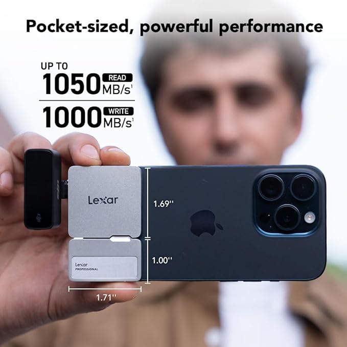 Lexar 2TB Professional Go Portable SSD w/Hub, Supports Apple 4K 60fps ProRes, Up to 1050MB/s, USB 3.2 Gen 2, Rugged, IP65, Ultracompact, Compatible w/iPhone 15/16, External SSD (LSL400S002T-RNSNU)