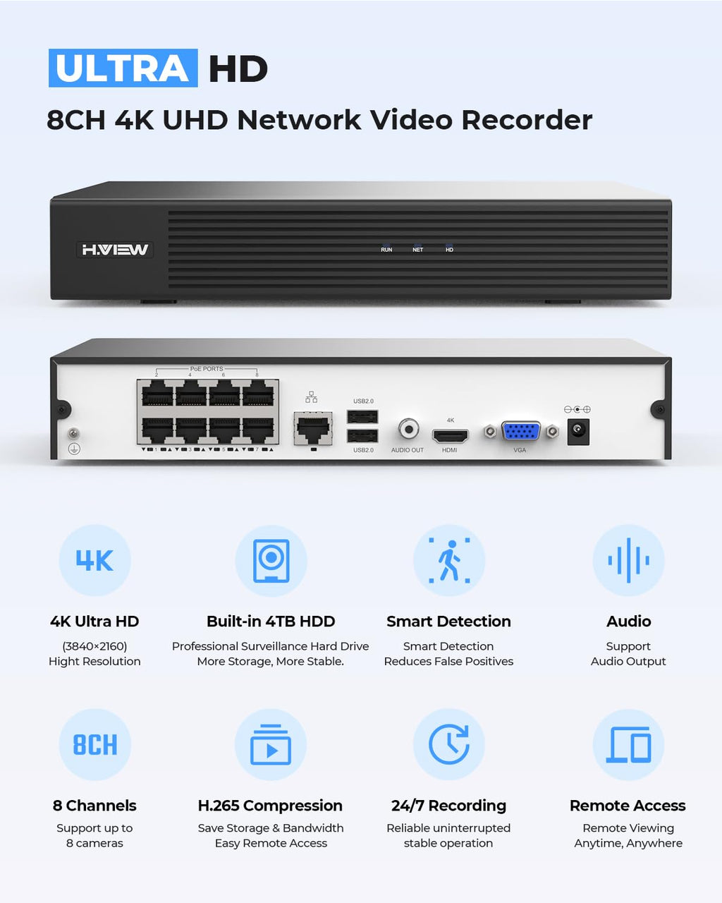 H.VIEW 4K/8.0 Megapixel PoE Outdoor Home Security Camera System Wired Outdoor Video Surveillance IP Cameras System，Ultra Wide-Angle &Audio，8CH NVR 4TB HDD