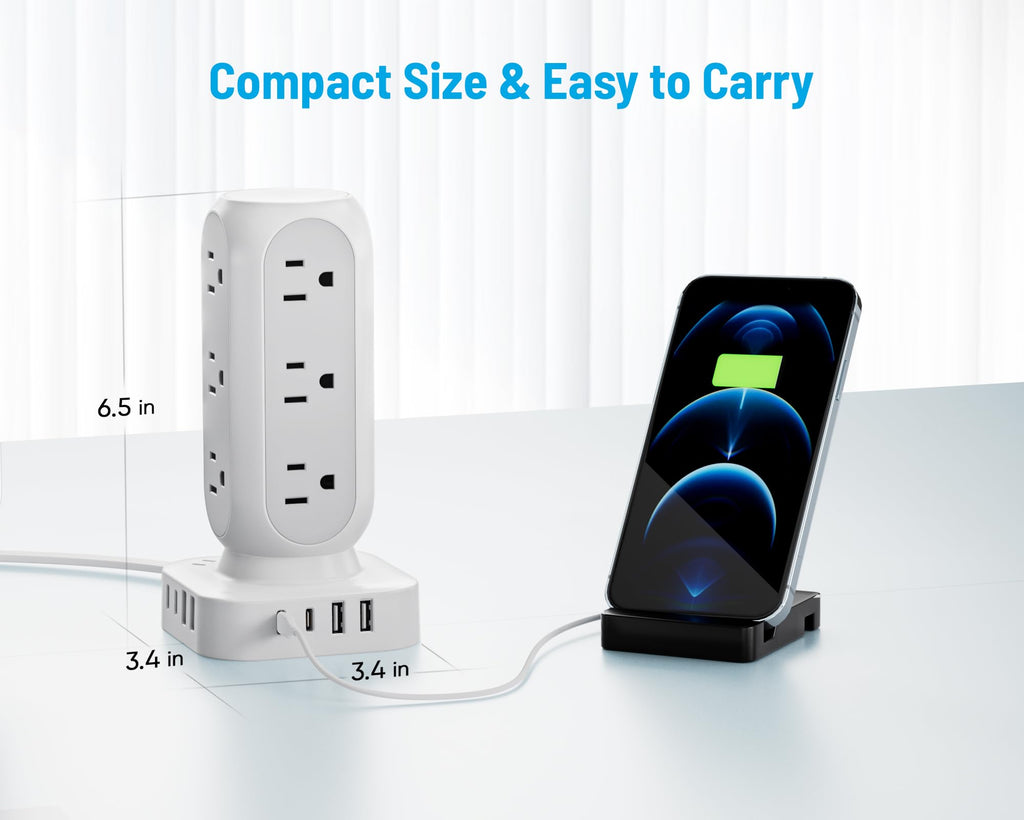 Flat Plug Power Strip Tower, TenTrend 65W Max Charging Tower with 12 AC Outlets & 8 USB Ports (4 USB C), 82W Total Fast Charging Station, 10FT Extension Cord for Desk Office Dorm Room