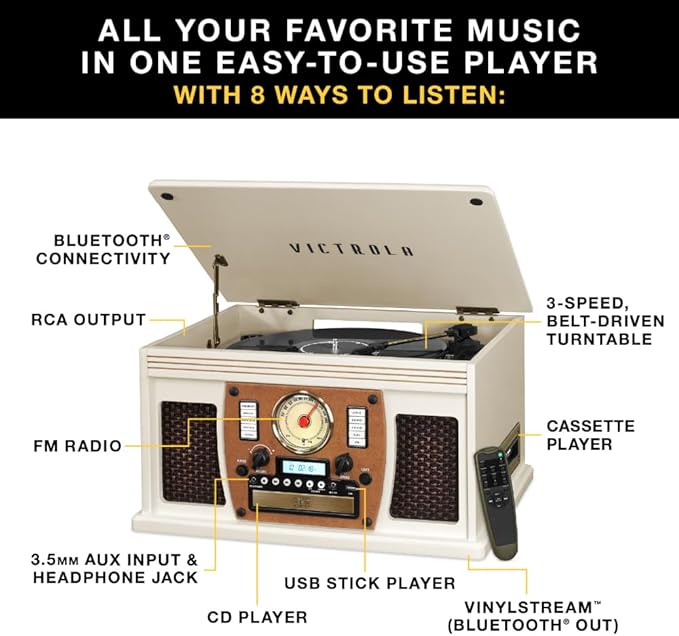 Victrola Navigator 8-in-1 Bluetooth Record Player with Built-in Speakers– 3 Speed Turntable, CD Player, Cassette, FM Radio, USB, RCA Out, Headphone Jack, Wireless Music Streaming, Real Wood (Mahogany)