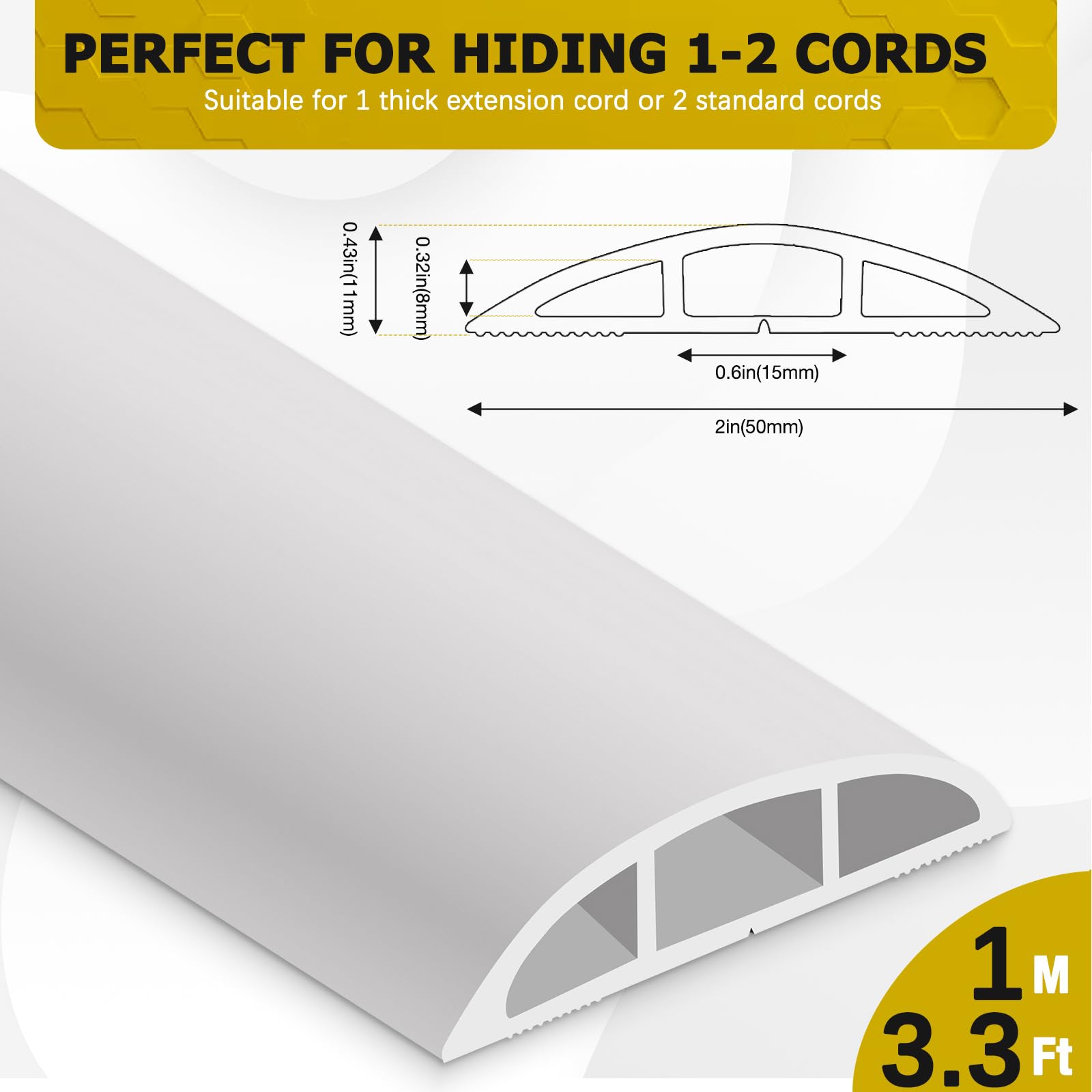JAHOMFAI Floor Cord Cover 3.3FT Cord Covers for Wires on Floor Protect Wires & Prevent Trip Hazards, Easy to Cut for Home, Office, School, Concerts, Cavity W0.6in x H0.32in