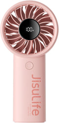 JISULIFE Handheld Portable Fan with Powerful Motor,LED Display,3600mAh Battery,5 Wind Speeds,Lanyard; Summer Essentials USB Rechargeable Hand held Fan for Travel,Beach,Makeup,Concerts-Pink