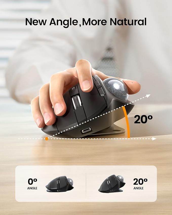 ProtoArc Wireless Trackball Mouse, EM01 NL Ergonomic Bluetooth Rollerball Thumb Rechargeable Computer Laptop Mouse, Adjustable Angle & 3 Device Connection for PC, Mac, Windows-Silver Ball