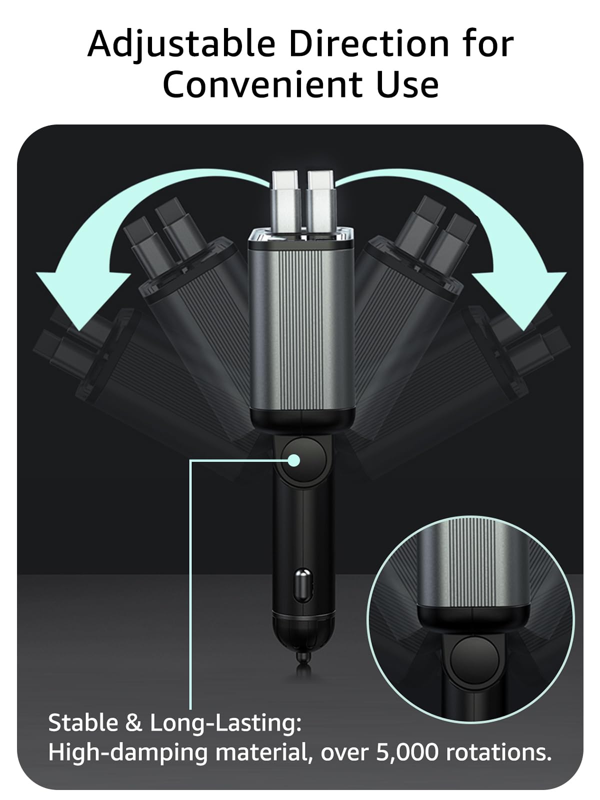 Retractable Car Charger USB C, 145W Max, Dual Cables, Voltage Display & LED