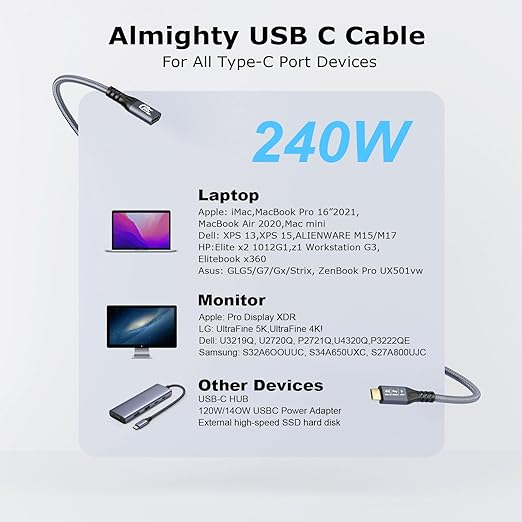 CABLEDECONN Type C Cable 3ft 1m, 240W 48V/5A USBC to USB C 3.2 Gen2×2 Extension Cable, 20Gps Male Female Extender Cable, 4K@60Hz Dual C Video Cord Compatible with MacBook Pro