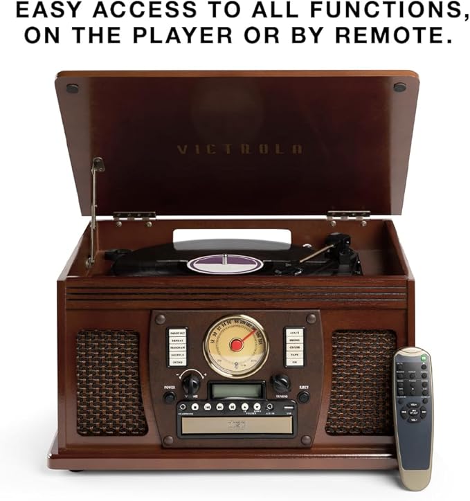 Victrola Navigator 8-in-1 Bluetooth Record Player with Built-in Speakers– 3 Speed Turntable, CD Player, Cassette, FM Radio, USB, RCA Out, Headphone Jack, Wireless Music Streaming, Real Wood (Espresso)