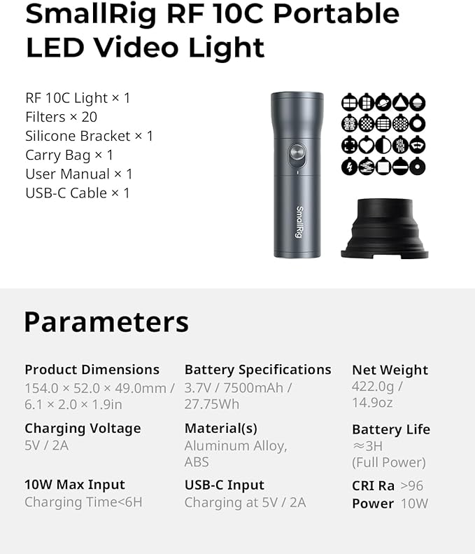 SMALLRIG RGB LED Photography Flashlight, 7500mAh Aluminum Alloy Patterned Ambient Light, 4 Color Fill Light with 20 Patterned Light Filters, Perfect for Photo, Content Creation Accessorie RF10C 4634