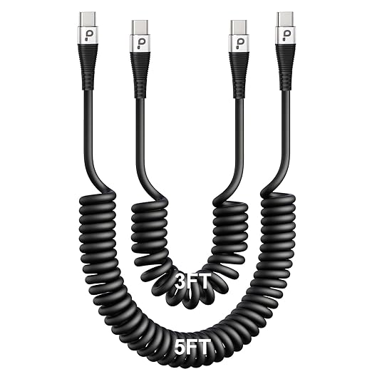 Coiled USBC to USBC Cables for Car 3FT/5FT, USB C to USB C Fast Charging Cables Short Type C Cord for iPhone 16/15/Pro/Plus/Pro Max/Samsung Galaxy S23, Compatible All Type C Devices-Silver 2Pack