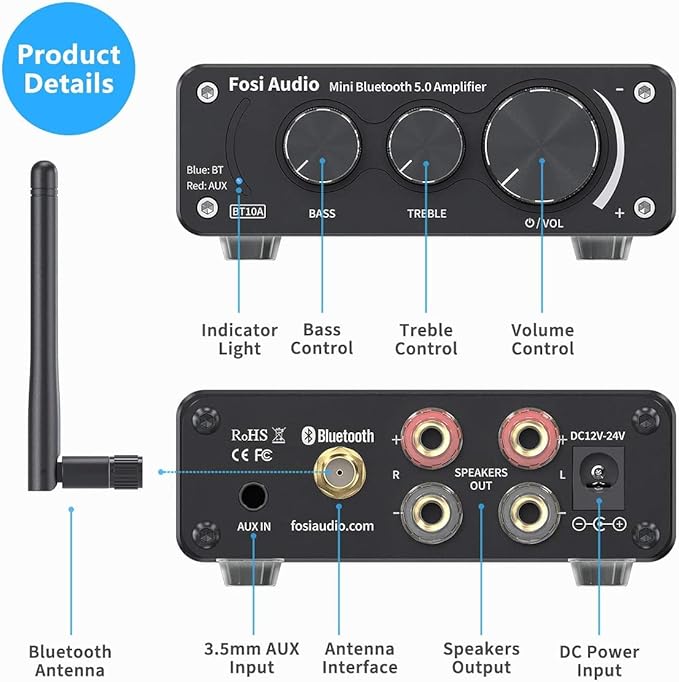 Fosi Audio BT10A Bluetooth 5.0 Stereo Audio Amplifier Receiver 2 Channel Class D Mini Hi-Fi Integrated Amp for Home Passive Speakers 50W x 2 TPA3116