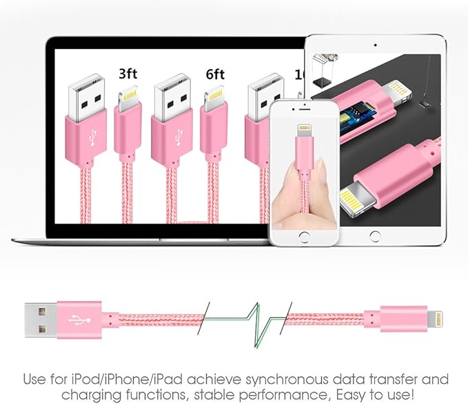 IDISON [MFi Certified 5Pack(3/3/6/6/10FT) iPhone Charger USB Lightning Cable Nylon Braided Fast Charging Cord Compatible iPhone14/iPad/iPod/All iPhones