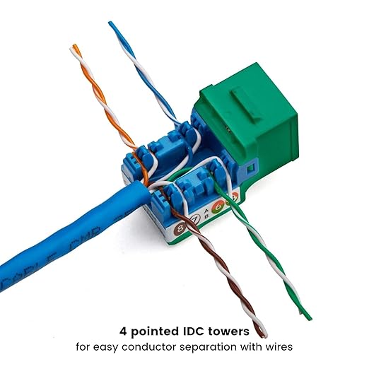 TRUE CABLE Cat5e Keystone Jack, Unshielded (UTP), 90 Degree Punch-Down, PoE++ (4PPoE) 100W, UL Listed, ETL Verified, ANSI/TIA Certified, Modular RJ45 Female, Green, 48 Pack