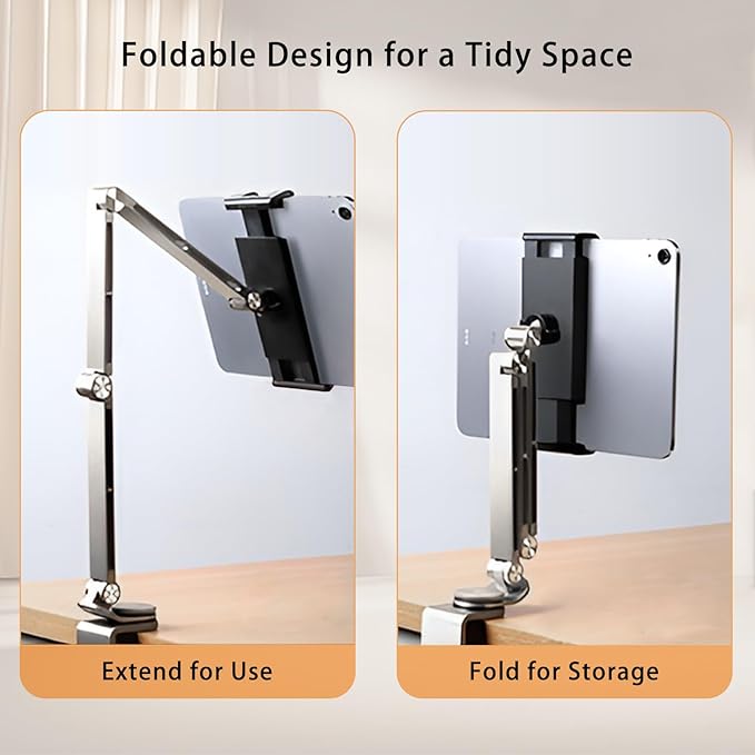 iPad Mount for Desk Aluminum Alloy Tablet Stand Foldable Overhead Arm Holder Mount Fits for 4.7-15.6" Screen Phone,Kindle,Fire HD,Monitor,iPad,Galaxy Tab Series (Silver)