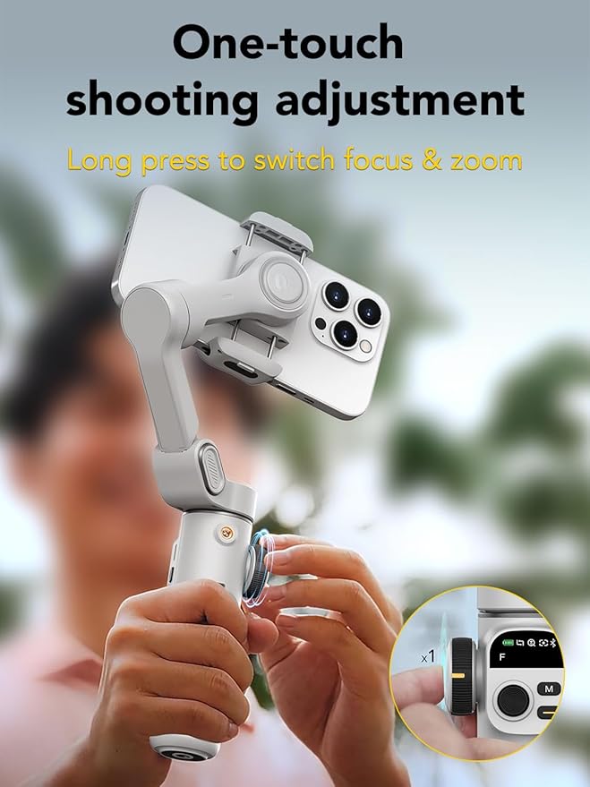 Smart X2 Gimbal Stabilizer for iPhone, Built-in 20cm Extension Rod, 3-axis Handheld Smartphone Gimbal, Foldable Phone Tracking Tripod Selfie Stick w/OLED Display, Video Recording, White