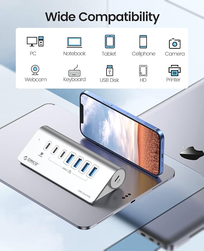 ORICO 7 Port USB Hub 10Gbps, Aluminum USB 3.2 Gen 2 Hub, 6 USB 3.2 Data Ports, PD 60W Ports, 1.64Ft C to C Cable, USB Data Hub for Laptop