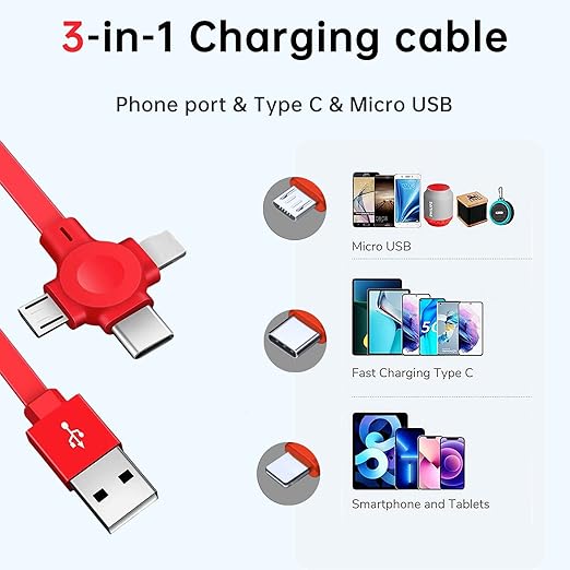Three in One Charging Cable Cord. 3 in 1 Charging Cable Retractable. Compatible USB C(Type-C)/Micro USB/IP, Compatible with Phone, Android, Tablet (Green)