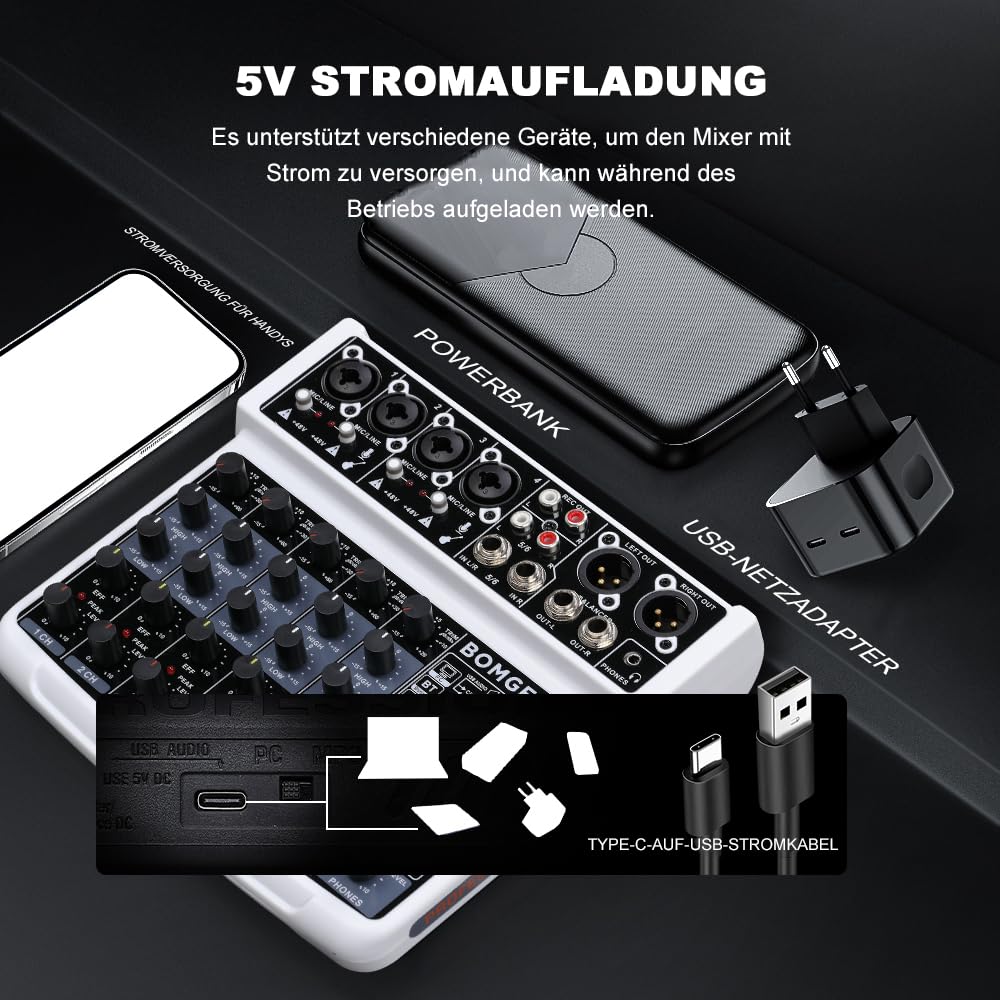 BOMGE 6 Channel mini DJ Audio sound mixer console with USB interface, Bluetooth, Stereo Recording, 48V Phantom Power, 99 DSP effects for karaoke, singing, live，streaming，pc recroding. (white)