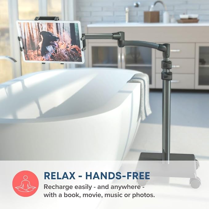 LEVO G2 Deluxe Premium Tablet Floor Stand with Long Extension Arm – Adjustable Rolling iPad Holder & Mobile Cart for Bed, Sofa, or Office–Ergonomic 5-Axis Arm, 30–56″ Height, Fits up to 13.5″ Devices