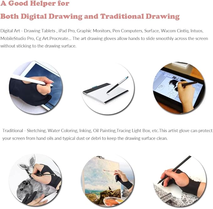 Drawing Glove, 3-Layer Palm Rejection Digital Art Glove for Graphic Tablet, Artist Gloves with Two Fingers for iPad, Paper Sketching, Smudge Guard (2 PCS, Middle)
