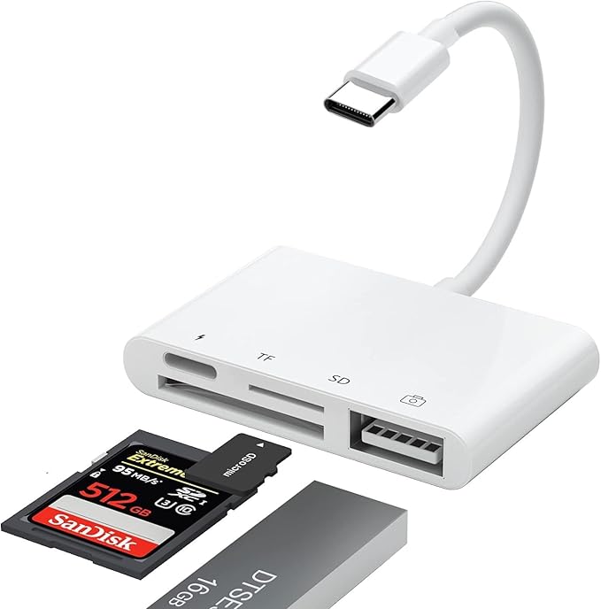 USB-C to SD Card Reader for iPhone iPad with USB OTG Camera Adapter, 4 in 1 Camera Connection Kit, iPhone Adapter with Fast Charging Port, for iPad,iPhone 16 15Pro Max, MacBook Pro/Air, Samsung