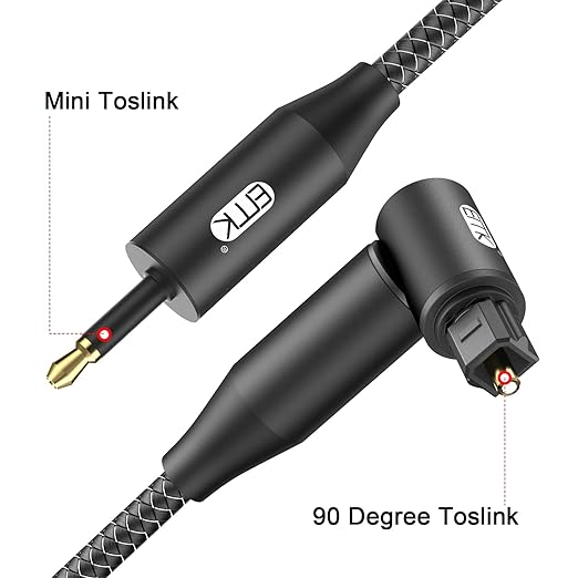 EMK Premium 90° Toslink to Mini Toslink Cable (5Ft/1.5M) - Right Angle Optical to 3.5mm Digital Optic Audio Cable for Soundbars, Home Theater - SPDIF Compatible, Black