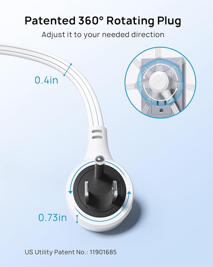 TROND Flat Extension Cord 10ft with 360° Rotating Plug, Low Profile Small Power Strip, 3 Prong Grounded Outlets Cube, 13A, SPT 16/3 AWG Cable, for Indoor Home Office Kitchen Cruise Essentials, White
